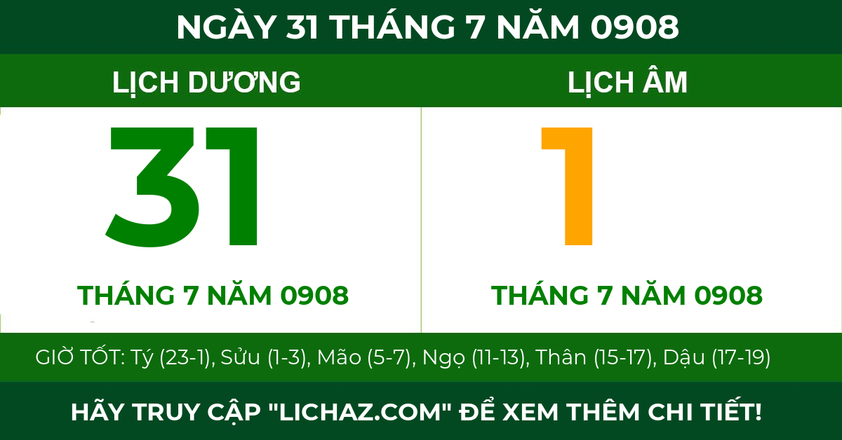 lịch âm ngày 31 tháng 7 năm 0908