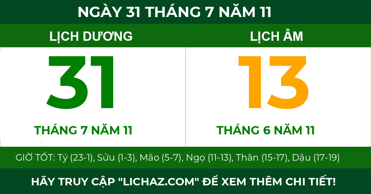 lịch âm ngày 31 tháng 7 năm 11