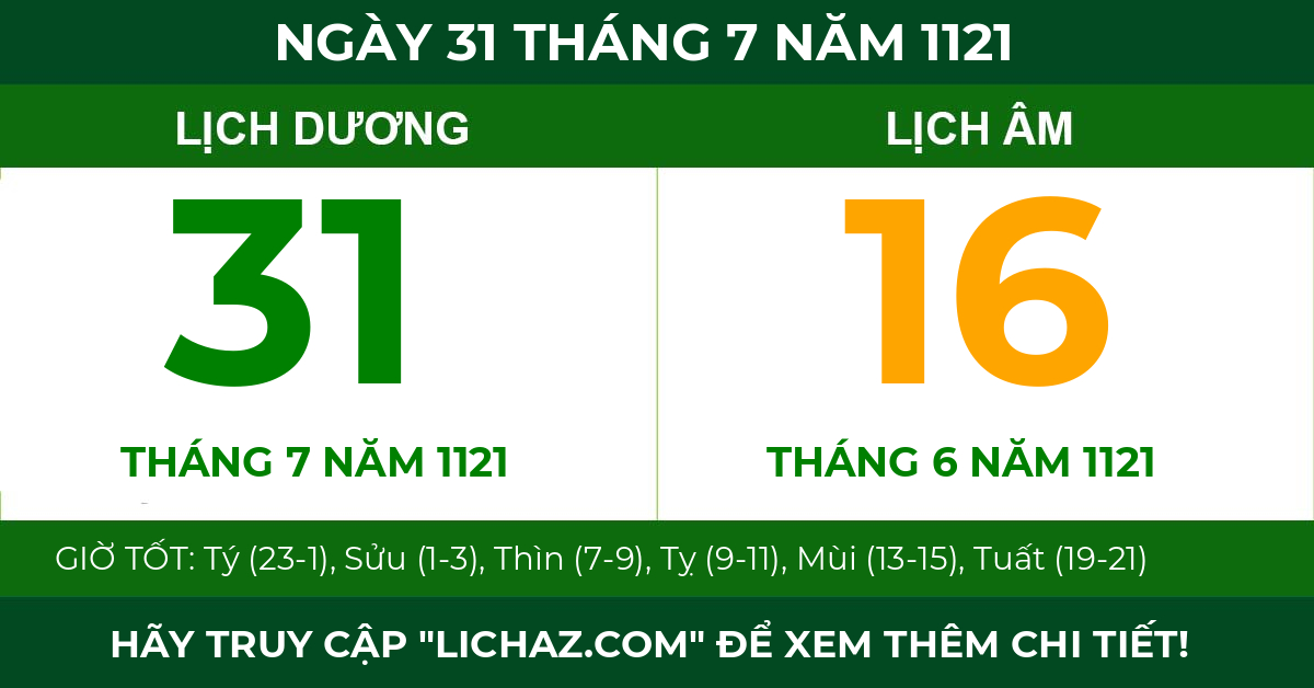 lịch âm ngày 31 tháng 7 năm 1121