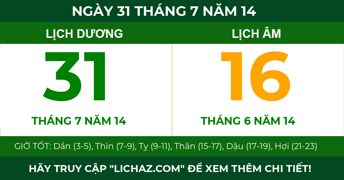 lịch âm ngày 31 tháng 7 năm 14