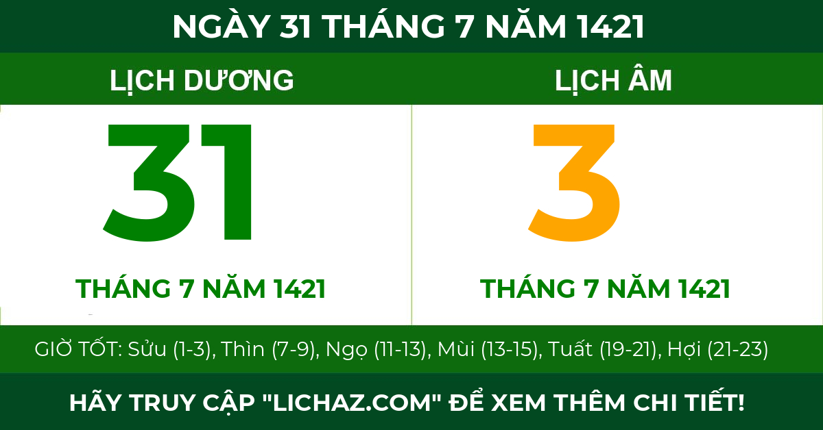 lịch âm ngày 31 tháng 7 năm 1421