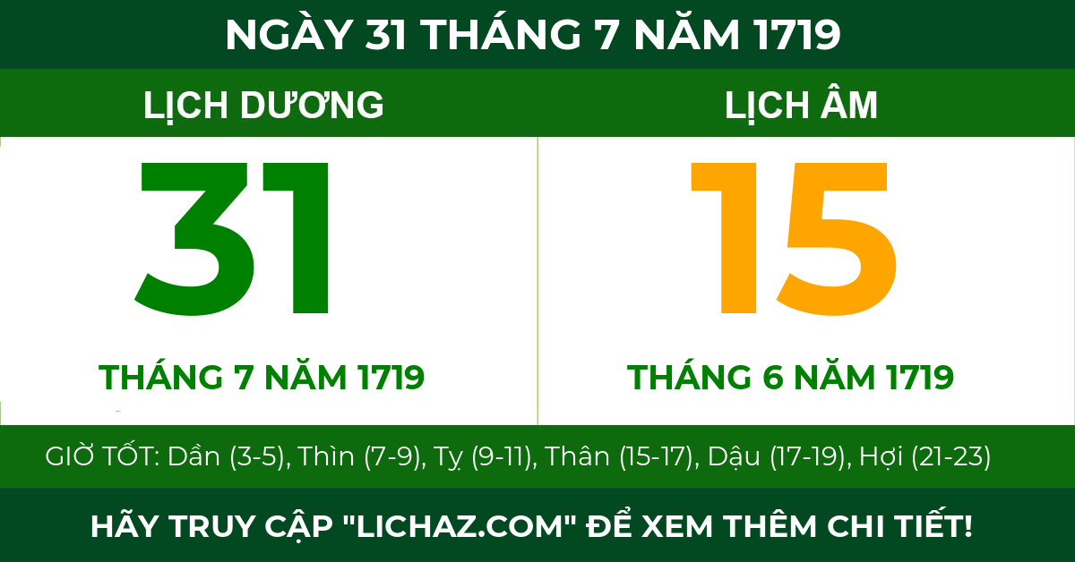 lịch âm ngày 31 tháng 7 năm 1719
