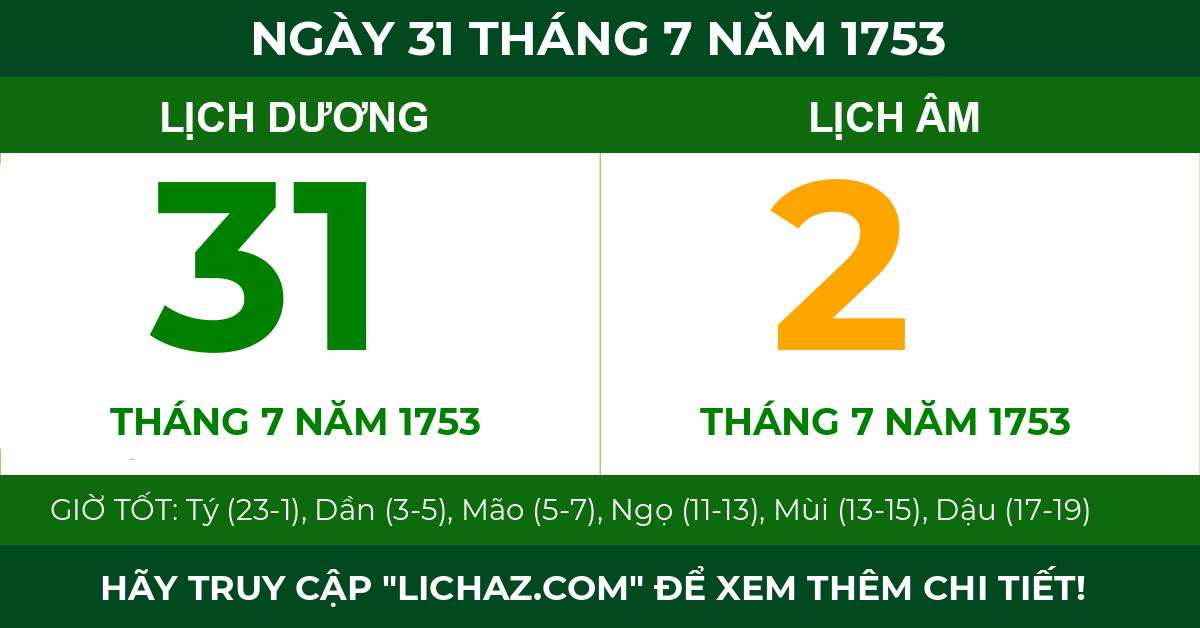 lịch âm ngày 31 tháng 7 năm 1753