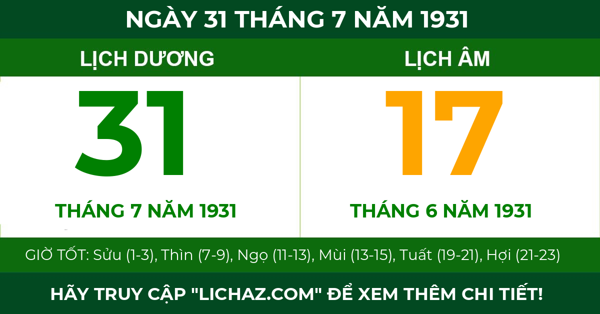 lịch âm ngày 31 tháng 7 năm 1931