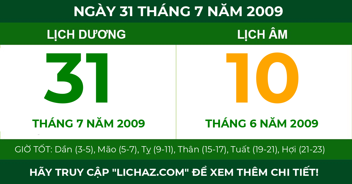 lịch âm ngày 31 tháng 7 năm 2009