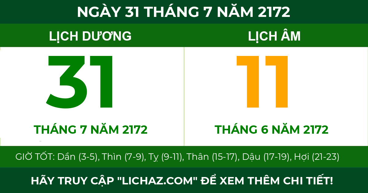 lịch âm ngày 31 tháng 7 năm 2172