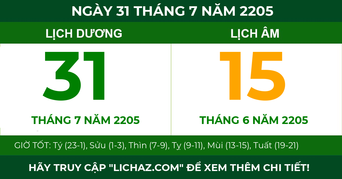 lịch âm ngày 31 tháng 7 năm 2205