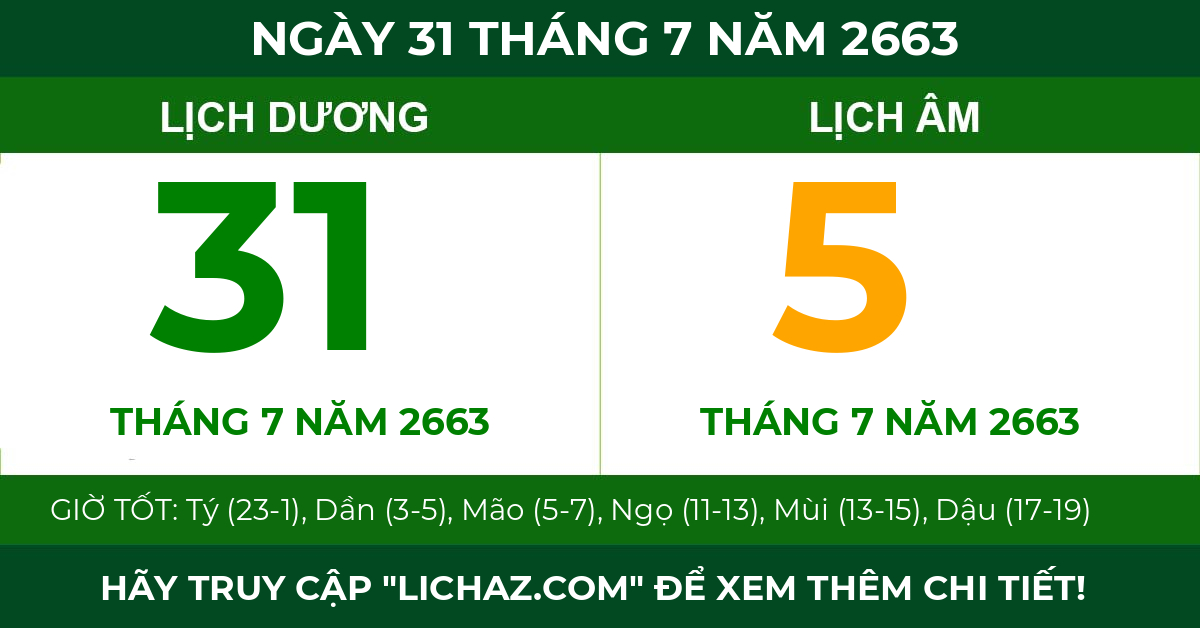 lịch âm ngày 31 tháng 7 năm 2663
