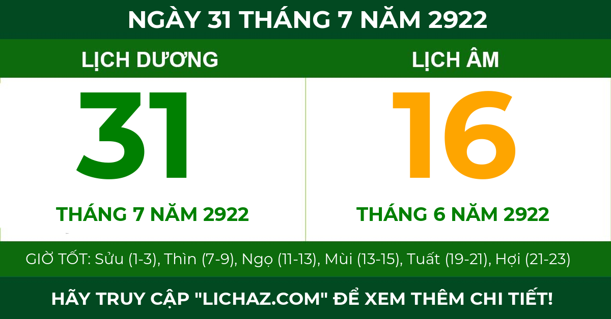 lịch âm ngày 31 tháng 7 năm 2922