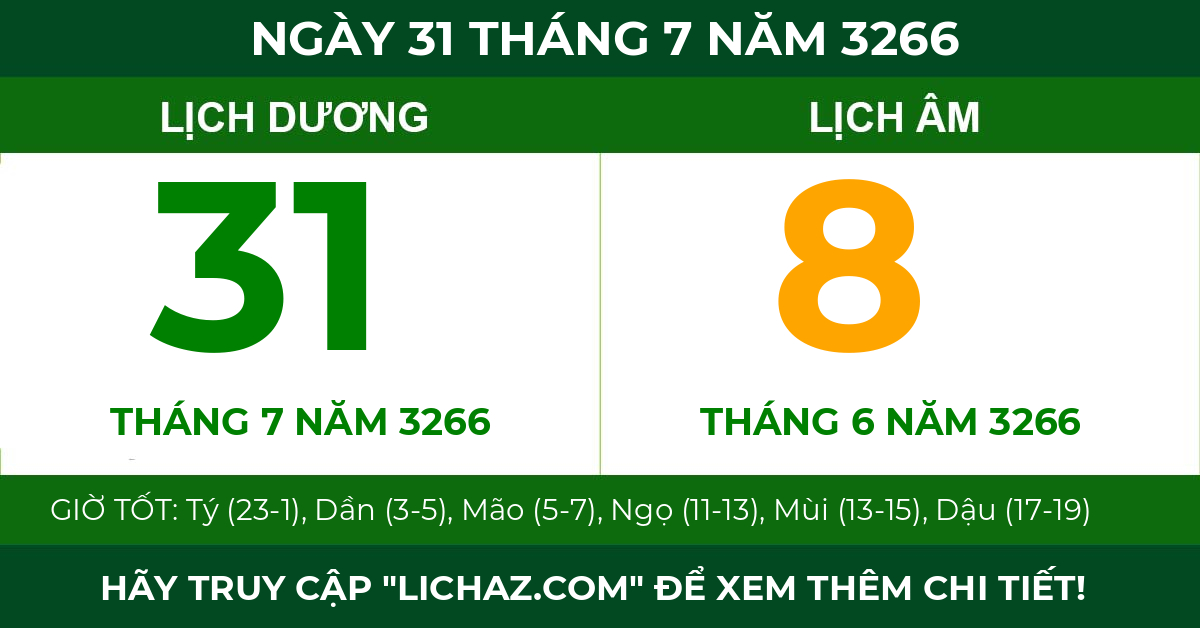 lịch âm ngày 31 tháng 7 năm 3266