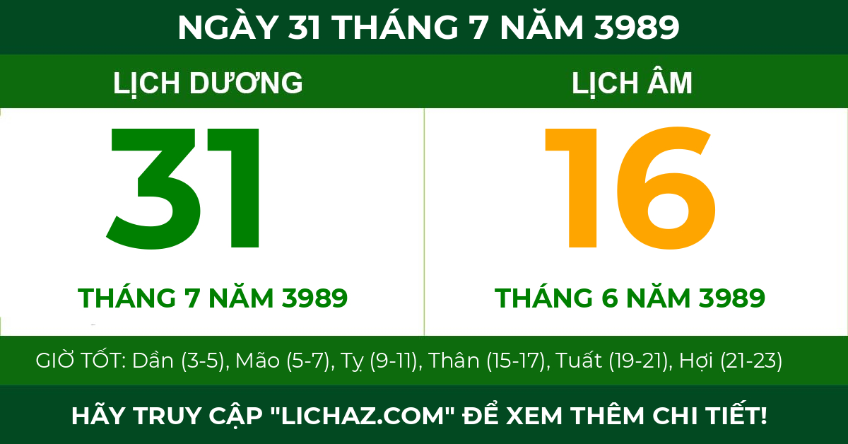 lịch âm ngày 31 tháng 7 năm 3989
