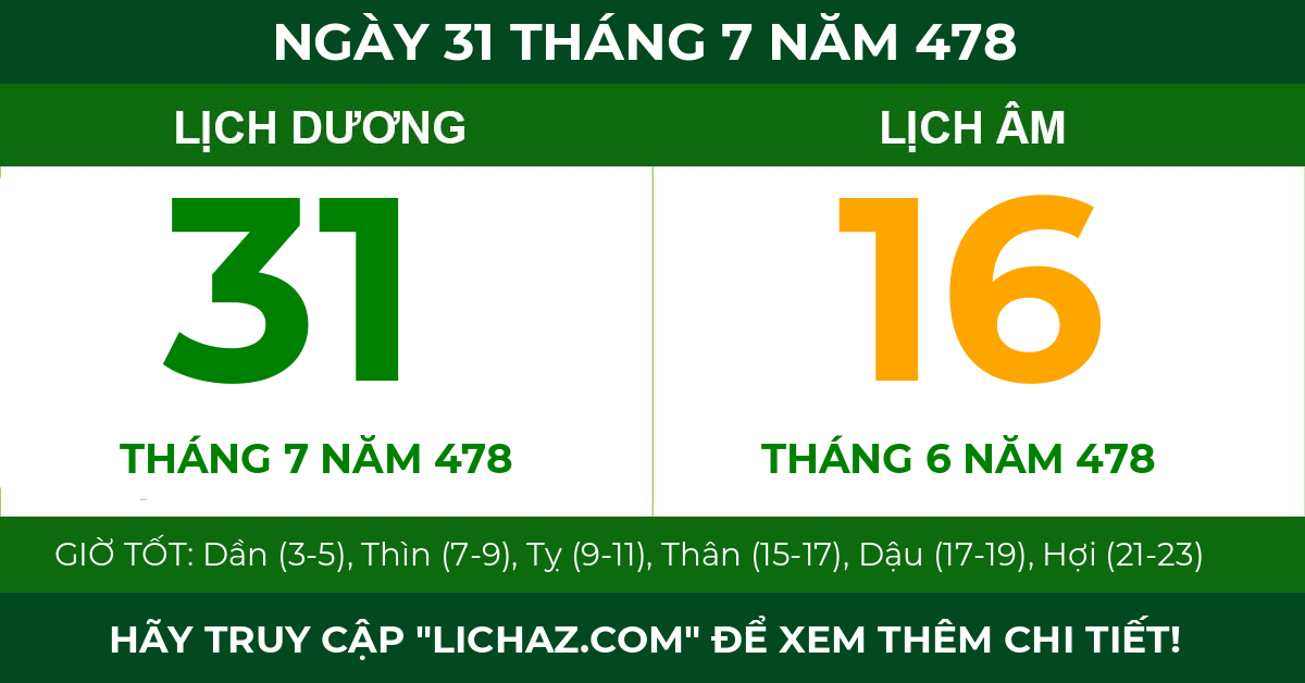 lịch âm ngày 31 tháng 7 năm 478