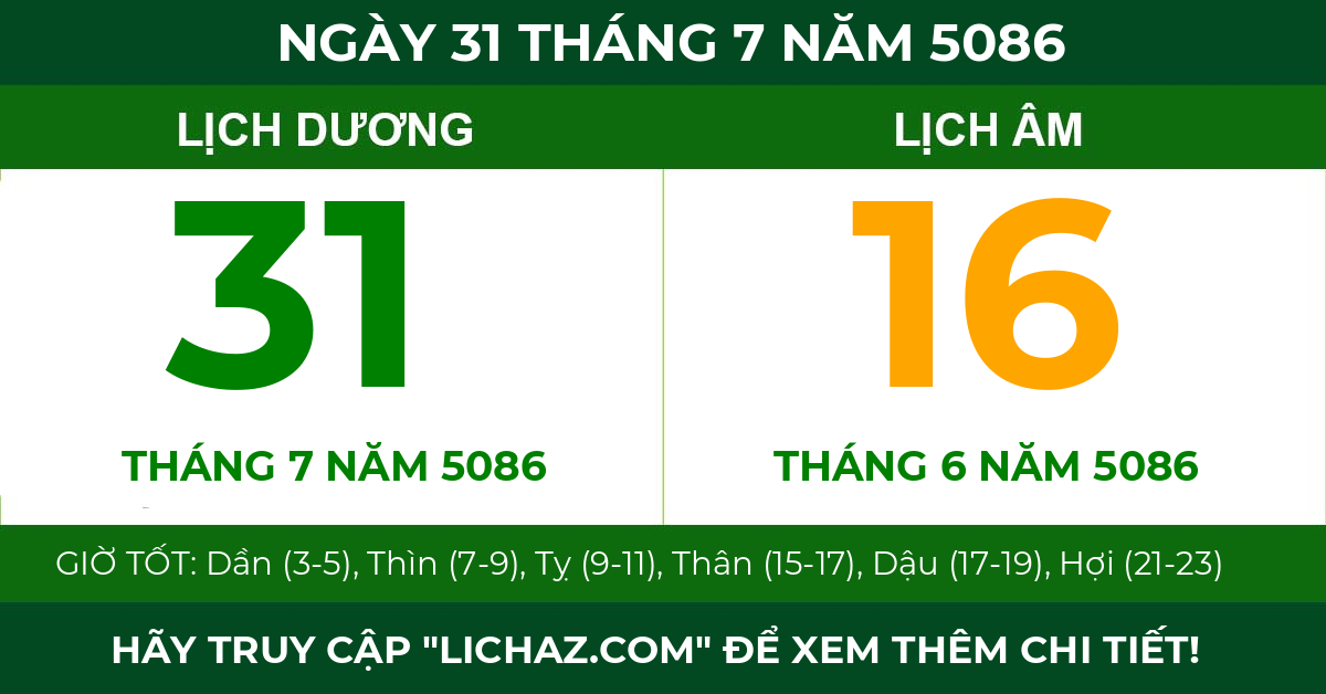 lịch âm ngày 31 tháng 7 năm 5086