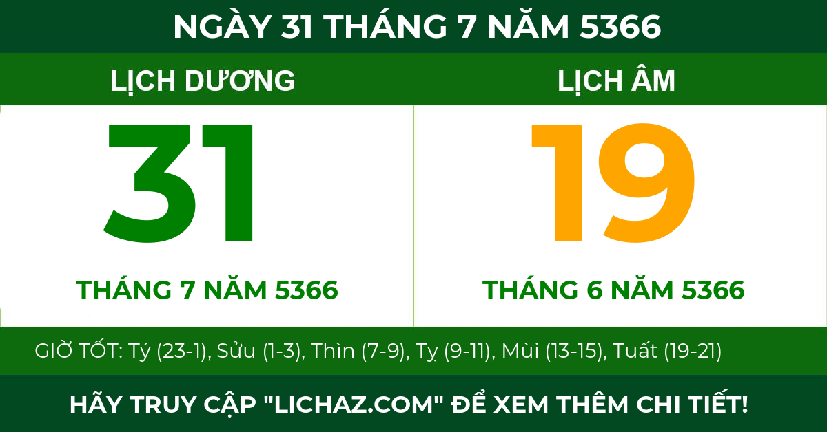 lịch âm ngày 31 tháng 7 năm 5366