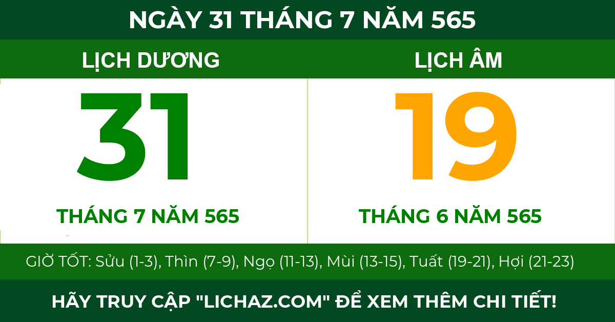 lịch âm ngày 31 tháng 7 năm 565