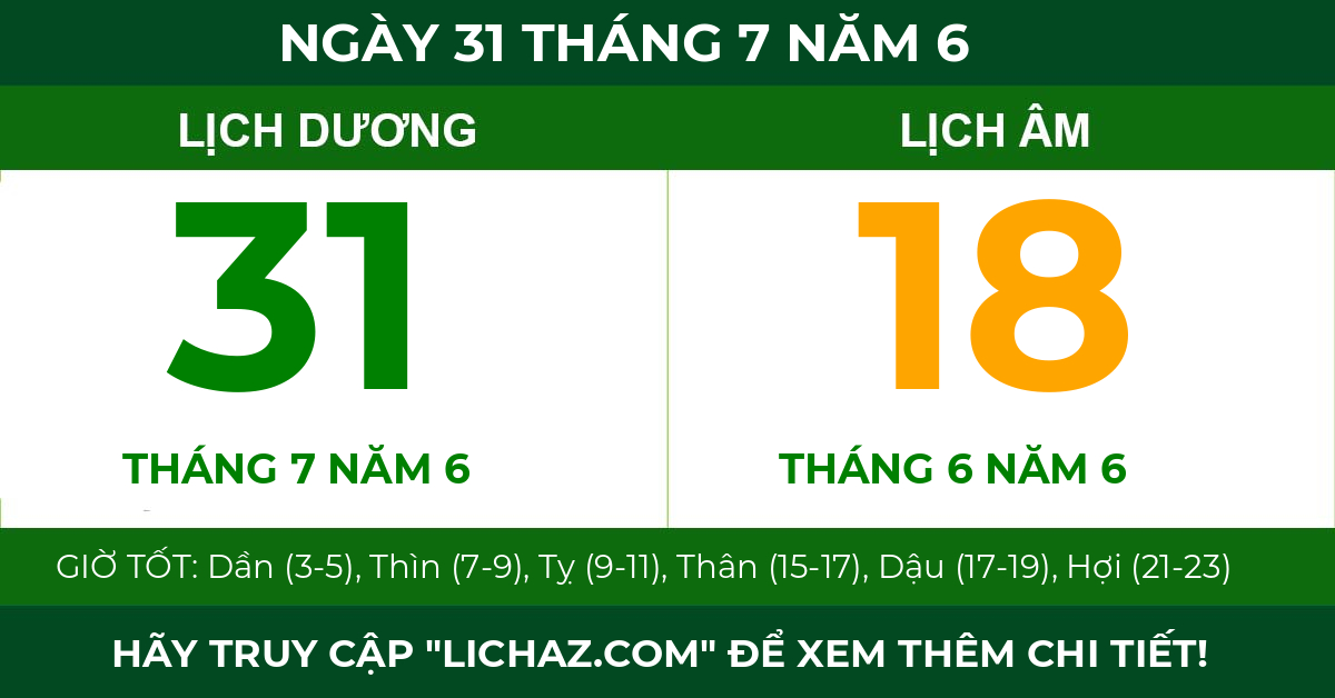 lịch âm ngày 31 tháng 7 năm 6