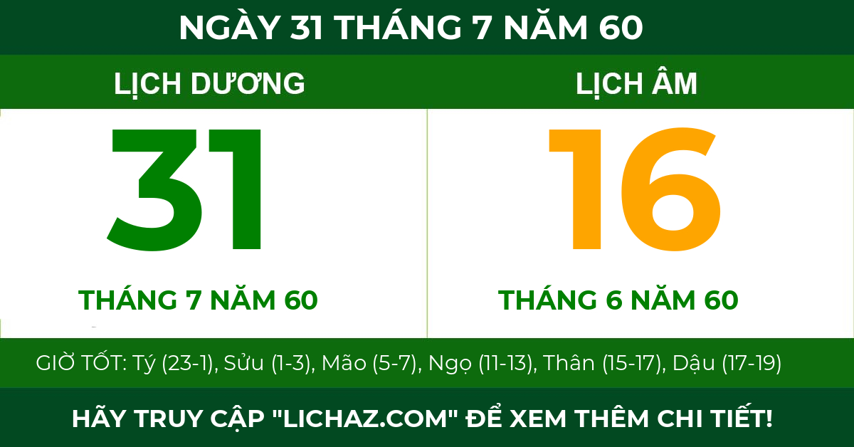 lịch âm ngày 31 tháng 7 năm 60