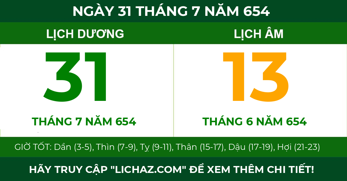 lịch âm ngày 31 tháng 7 năm 654