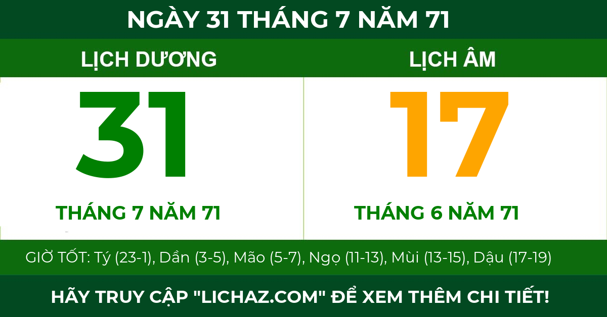 lịch âm ngày 31 tháng 7 năm 71