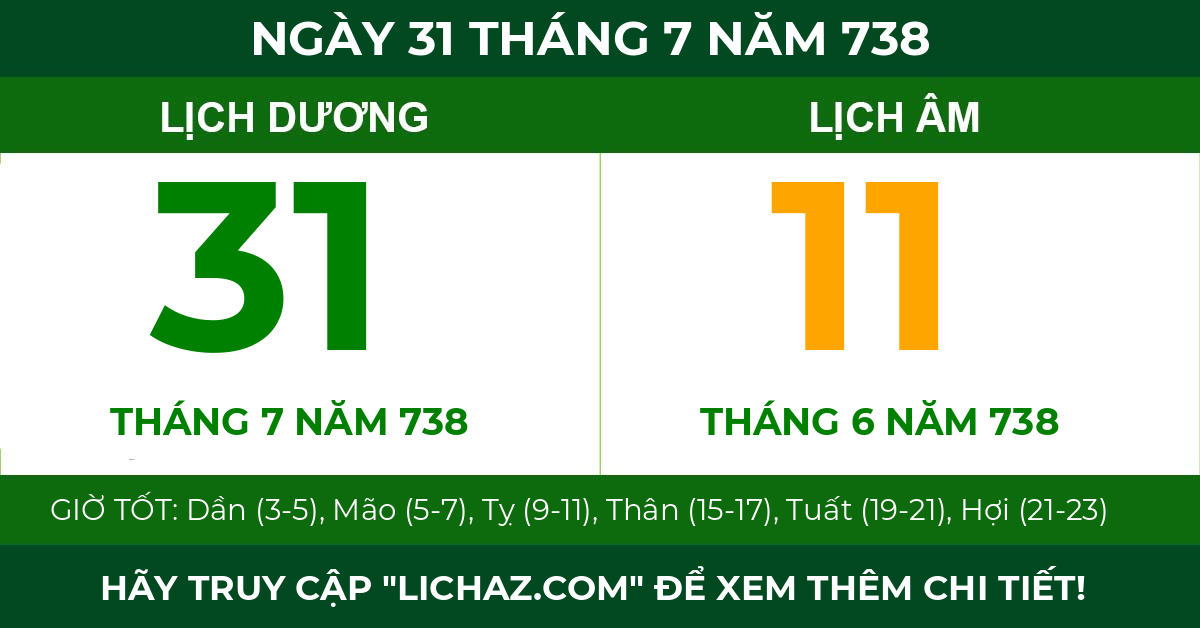 lịch âm ngày 31 tháng 7 năm 738