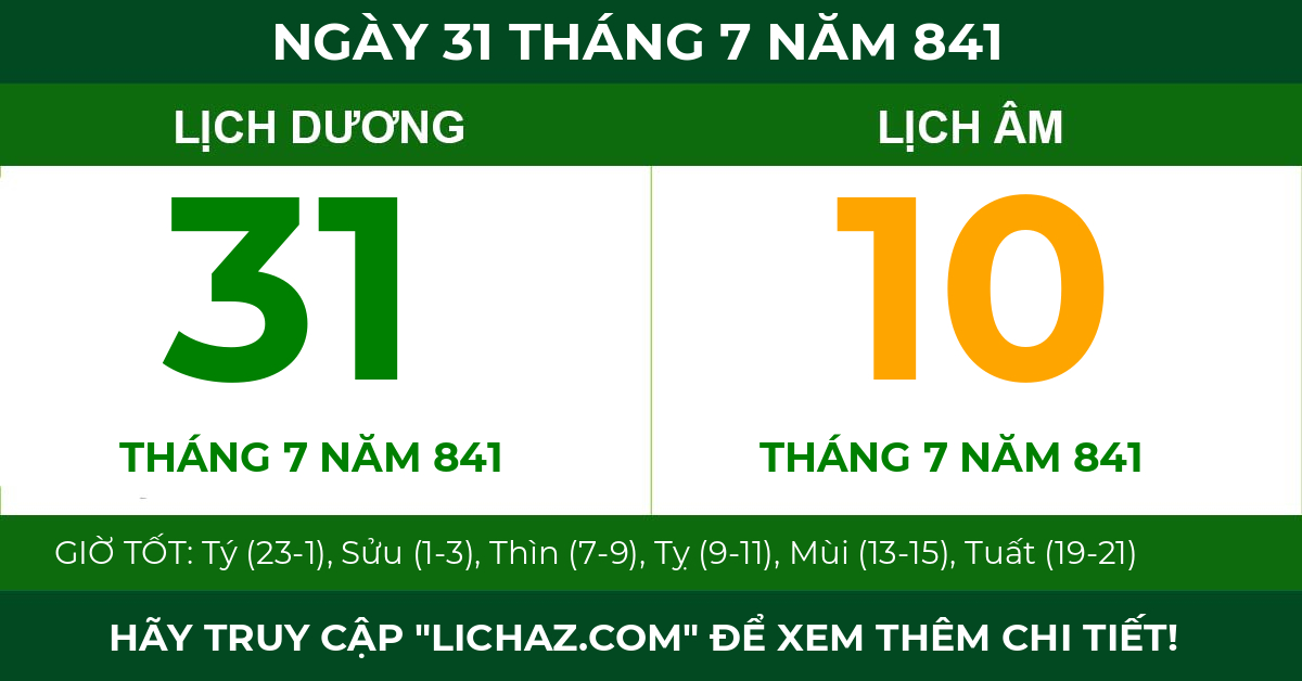 lịch âm ngày 31 tháng 7 năm 841