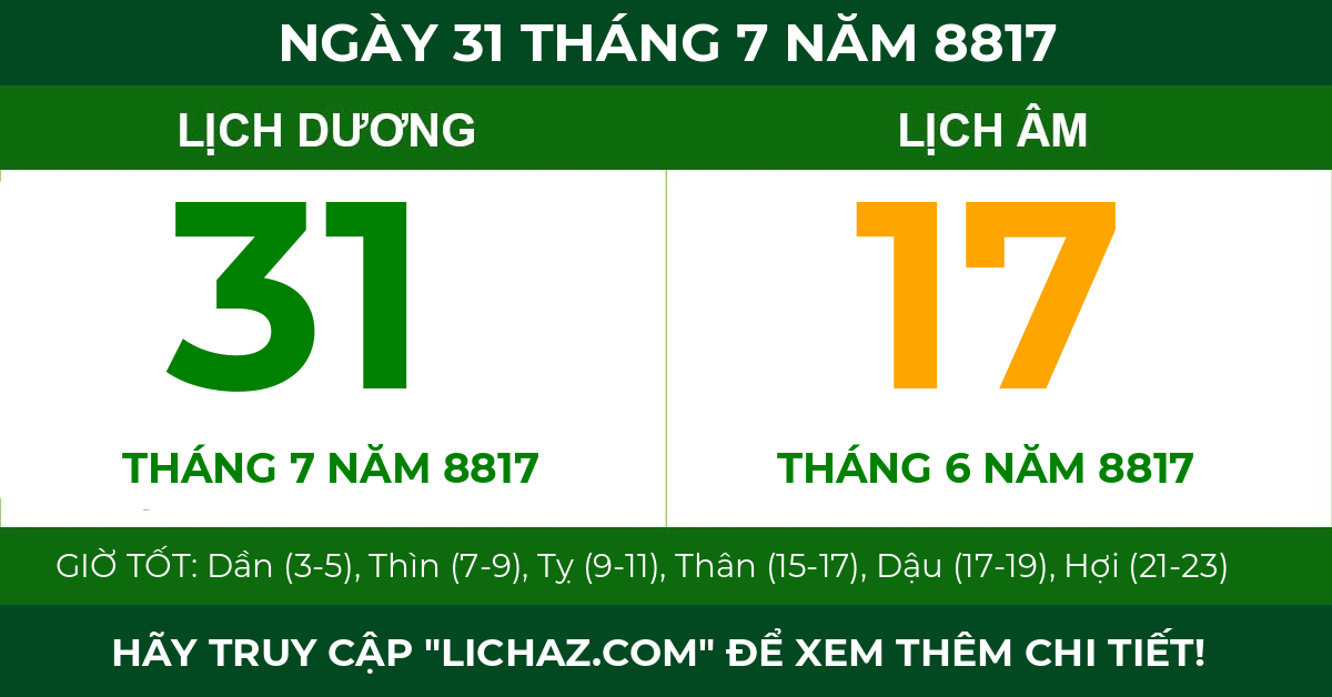 lịch âm ngày 31 tháng 7 năm 8817