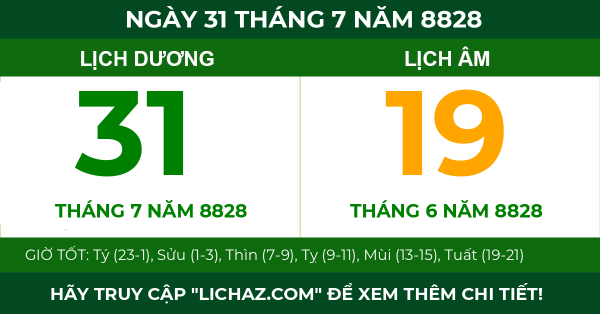 lịch âm ngày 31 tháng 7 năm 8828