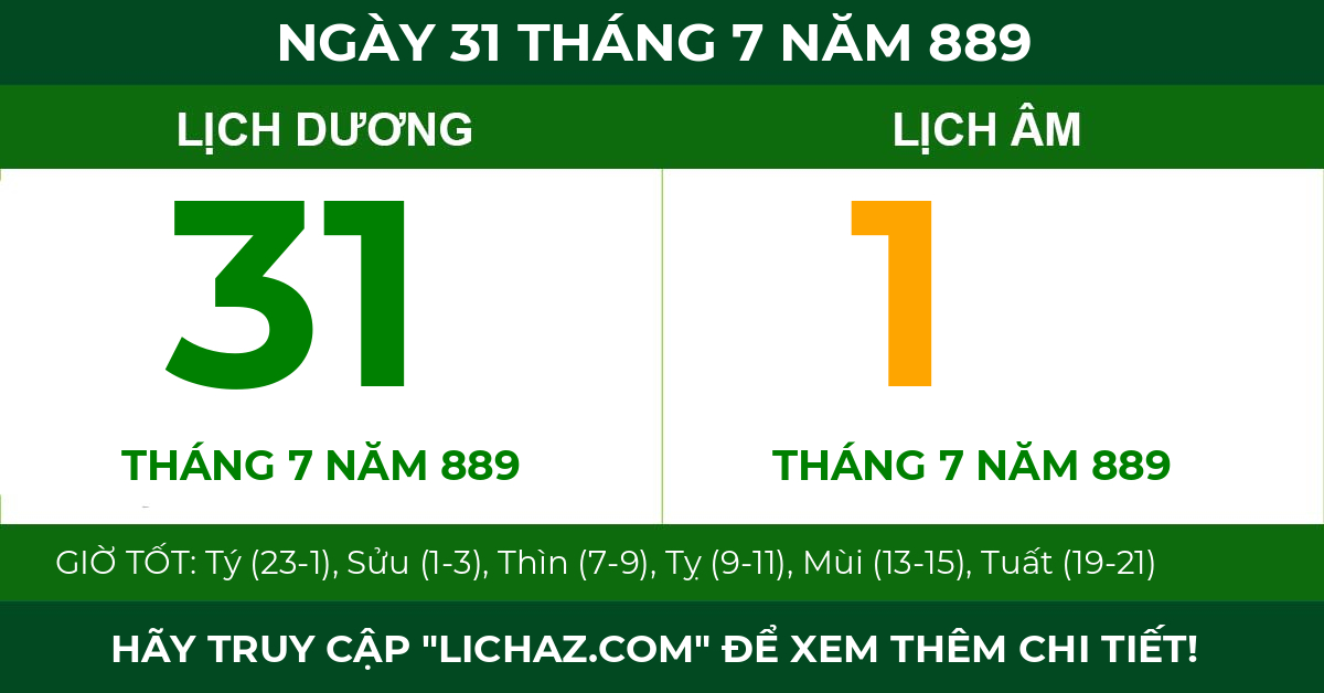 lịch âm ngày 31 tháng 7 năm 889
