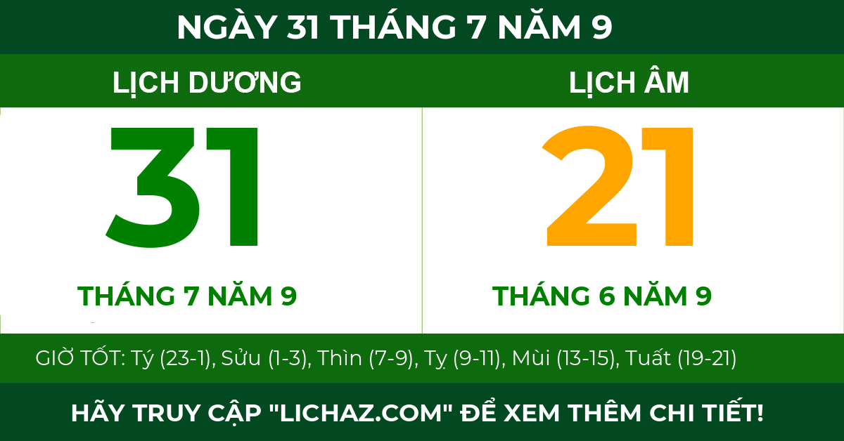 lịch âm ngày 31 tháng 7 năm 9