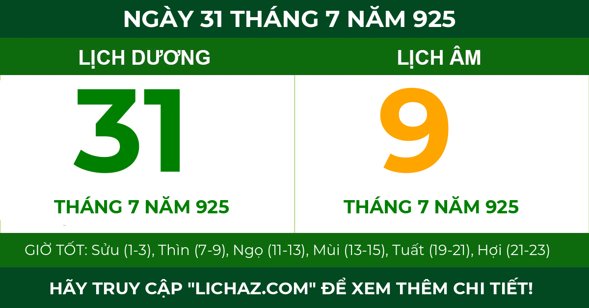 lịch âm ngày 31 tháng 7 năm 925