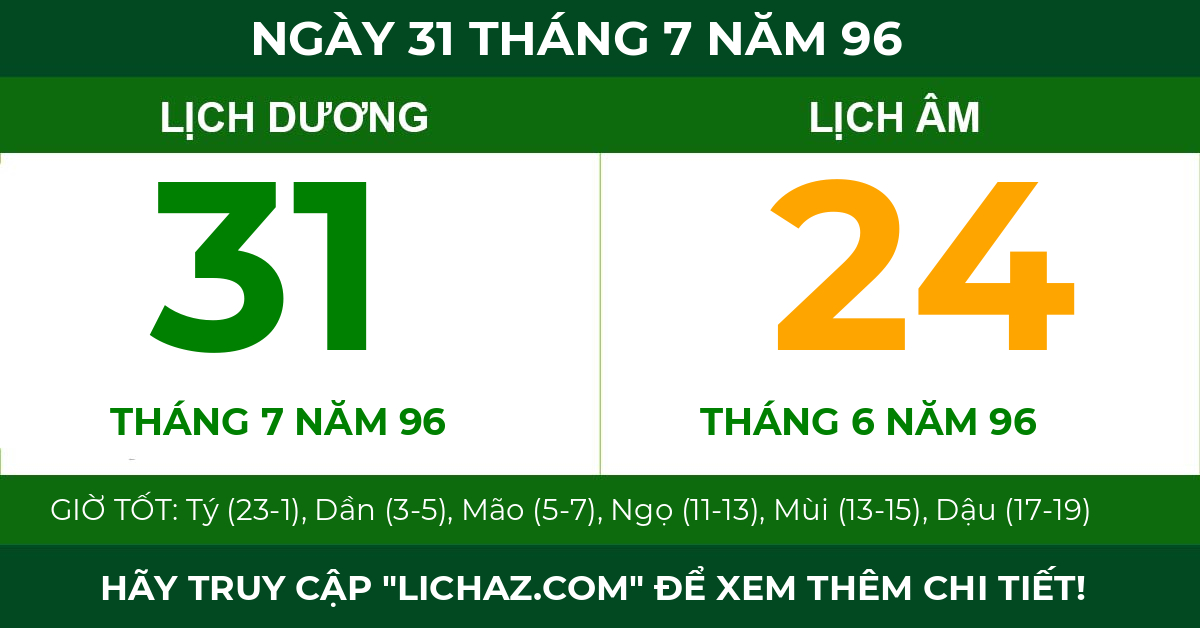 lịch âm ngày 31 tháng 7 năm 96