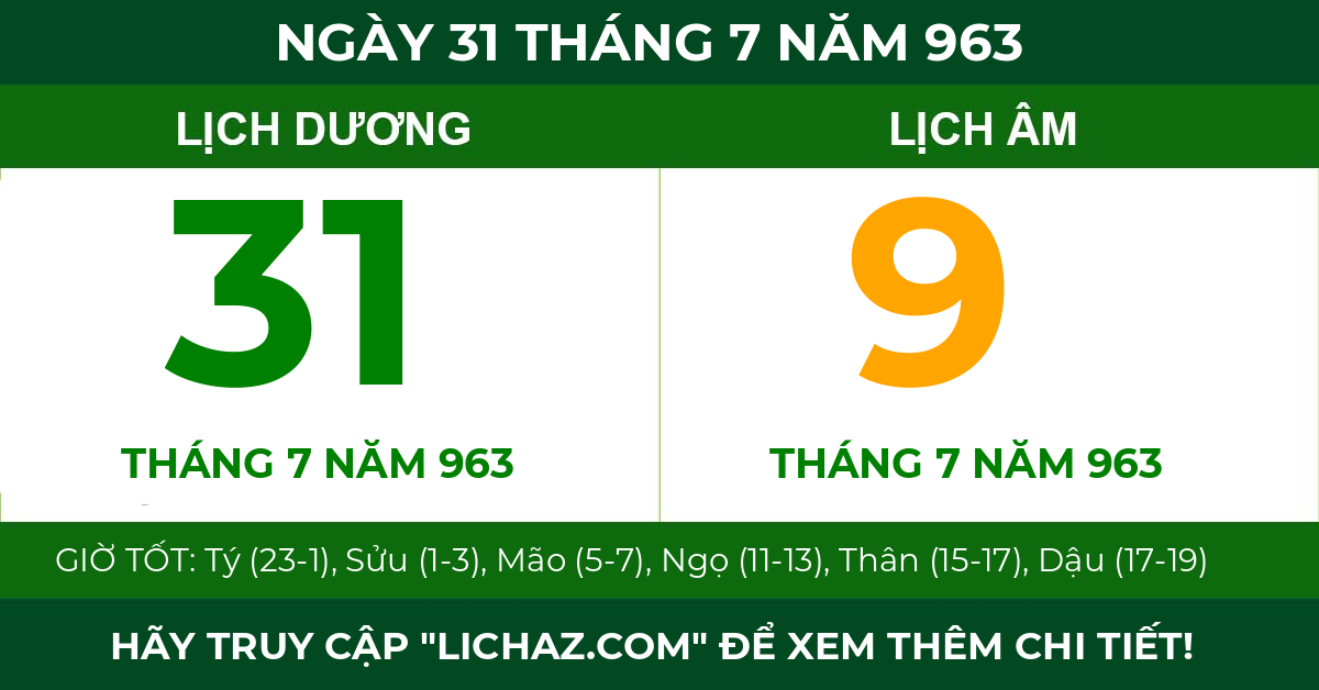 lịch âm ngày 31 tháng 7 năm 963