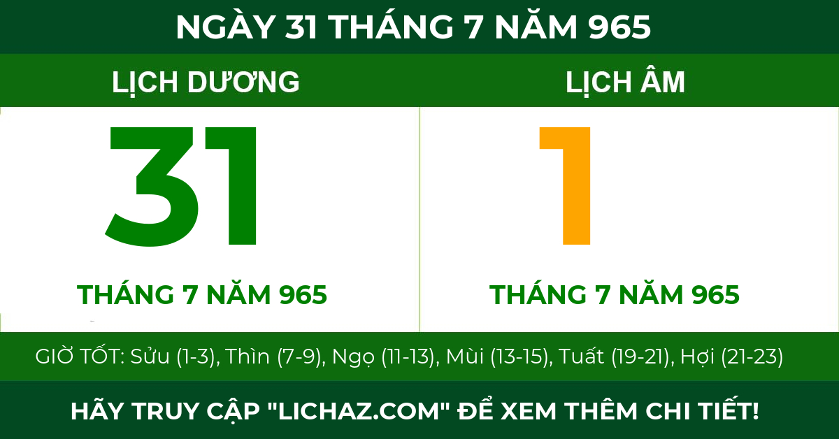 lịch âm ngày 31 tháng 7 năm 965