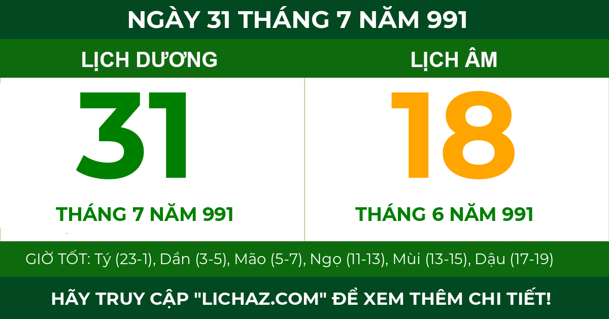 lịch âm ngày 31 tháng 7 năm 991