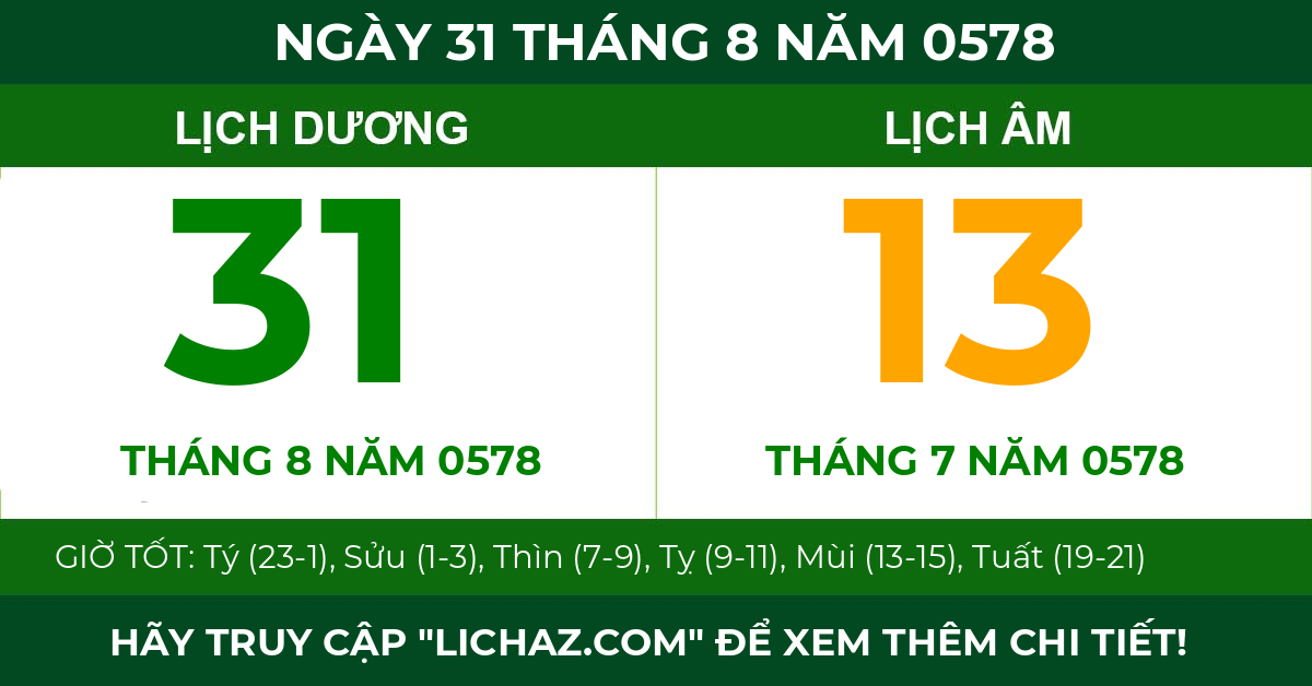 lịch âm ngày 31 tháng 8 năm 0578