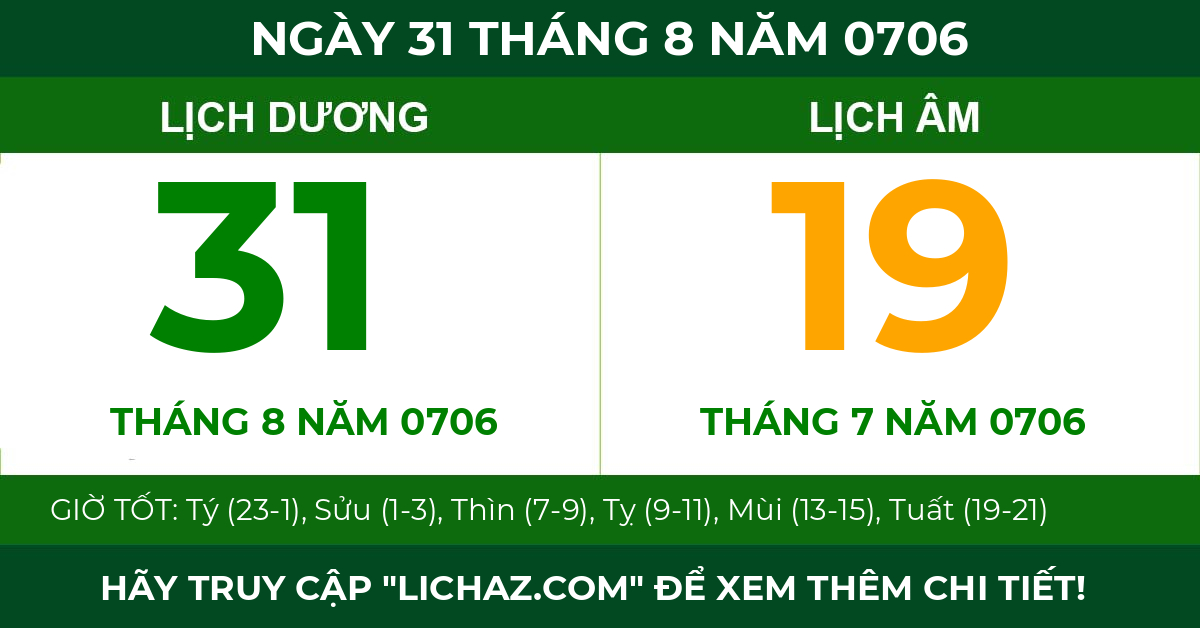 lịch âm ngày 31 tháng 8 năm 0706