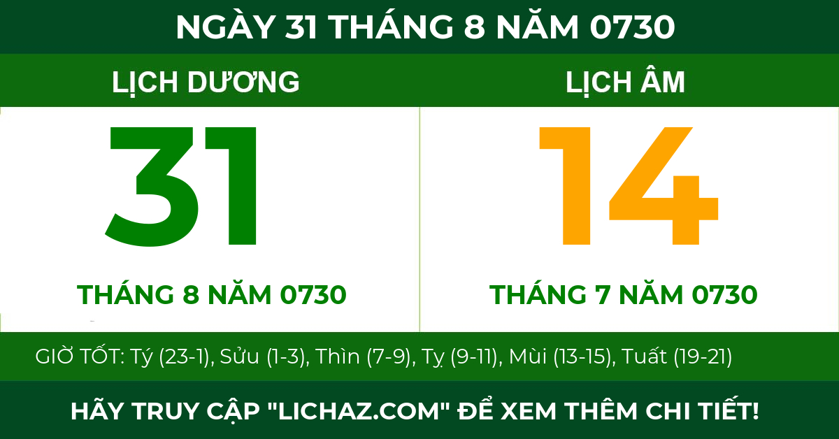 lịch âm ngày 31 tháng 8 năm 0730