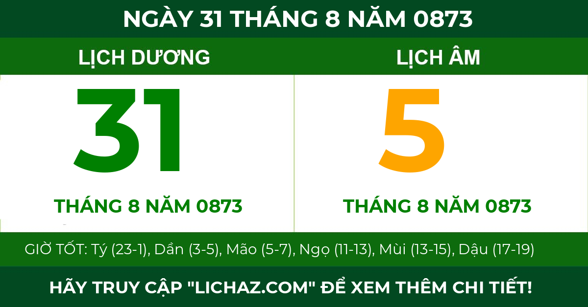 lịch âm ngày 31 tháng 8 năm 0873