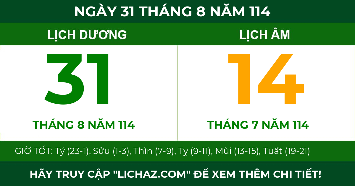lịch âm ngày 31 tháng 8 năm 114