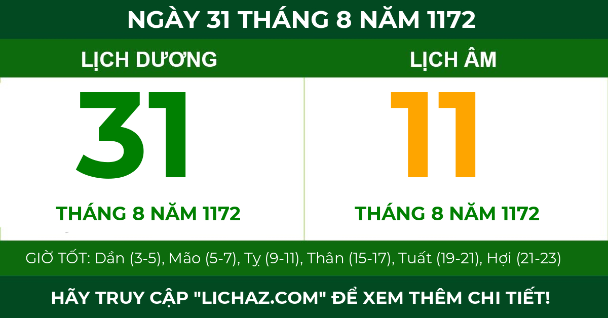lịch âm ngày 31 tháng 8 năm 1172