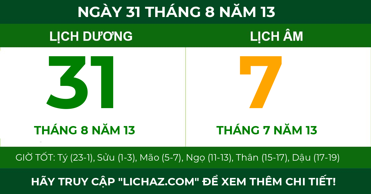 lịch âm ngày 31 tháng 8 năm 13