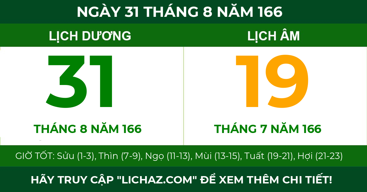 lịch âm ngày 31 tháng 8 năm 166