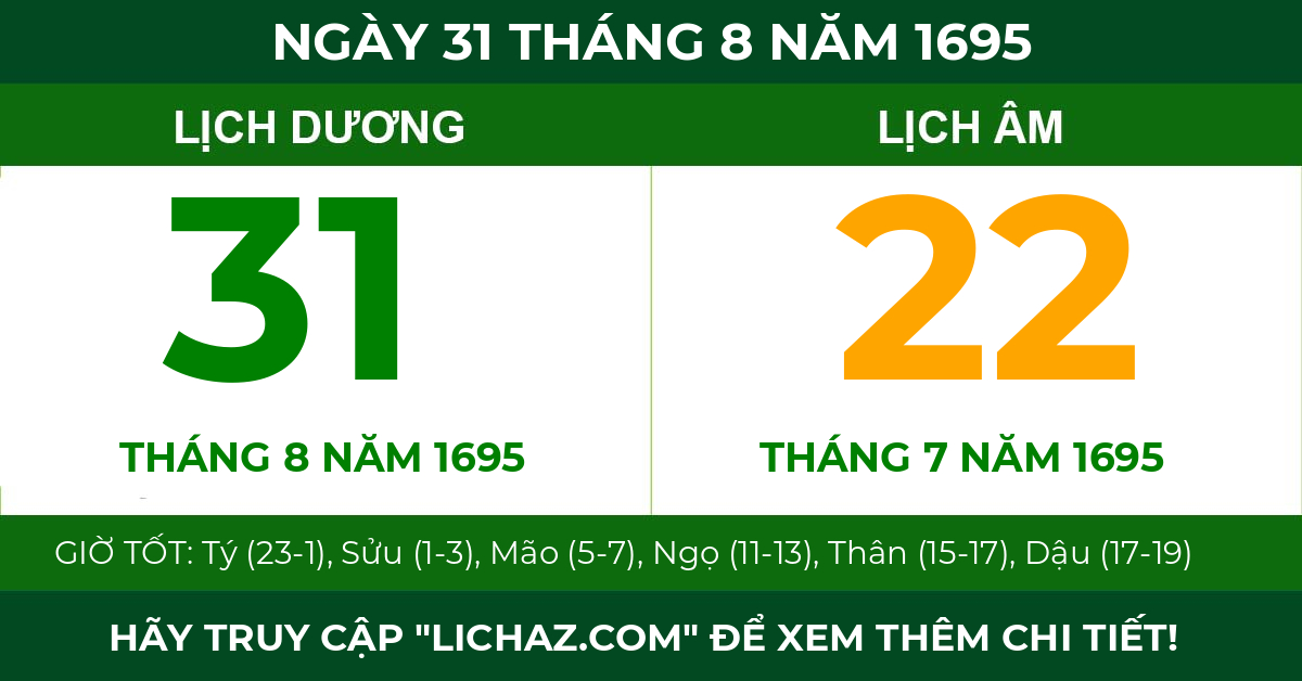 lịch âm ngày 31 tháng 8 năm 1695