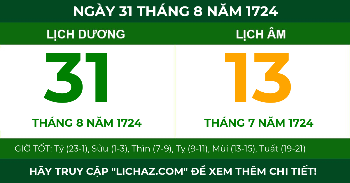 lịch âm ngày 31 tháng 8 năm 1724