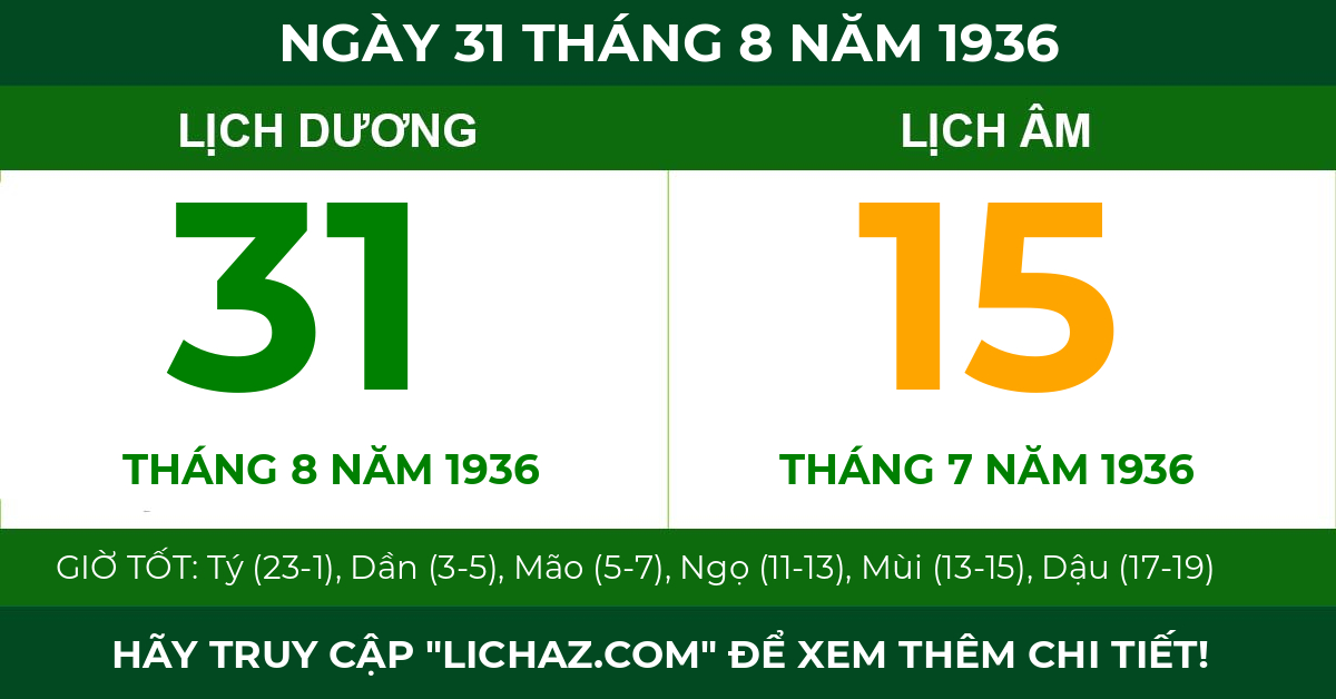 lịch âm ngày 31 tháng 8 năm 1936