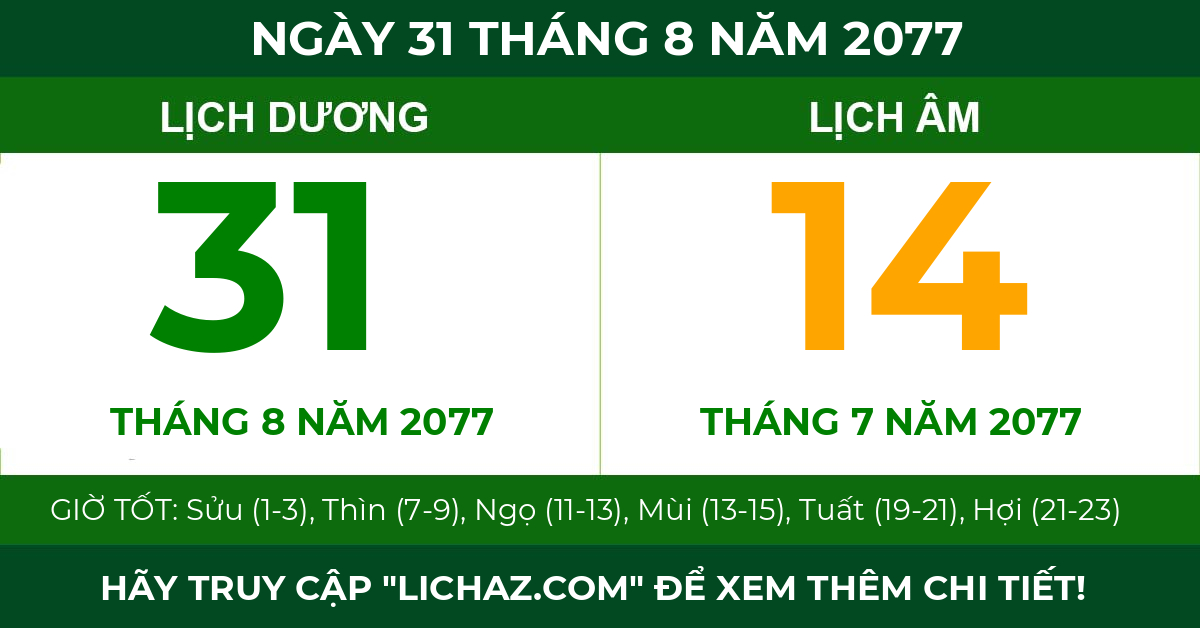 lịch âm ngày 31 tháng 8 năm 2077