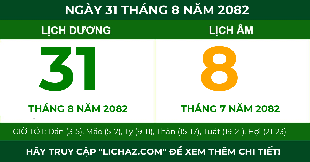 lịch âm ngày 31 tháng 8 năm 2082