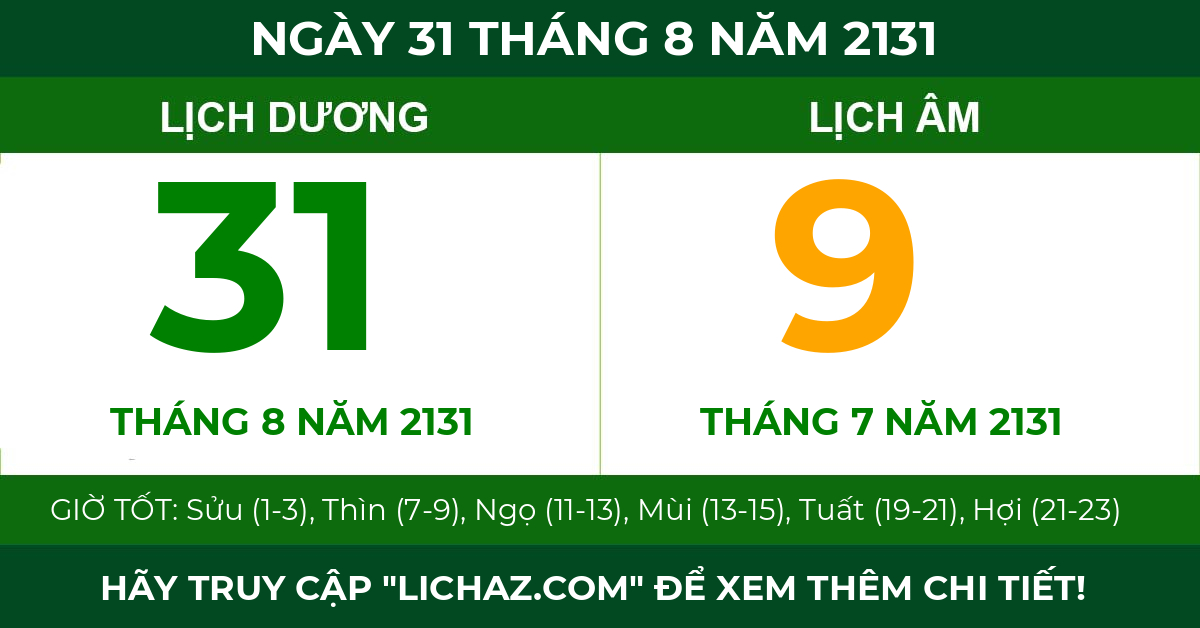 lịch âm ngày 31 tháng 8 năm 2131