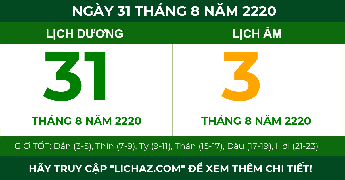 lịch âm ngày 31 tháng 8 năm 2220