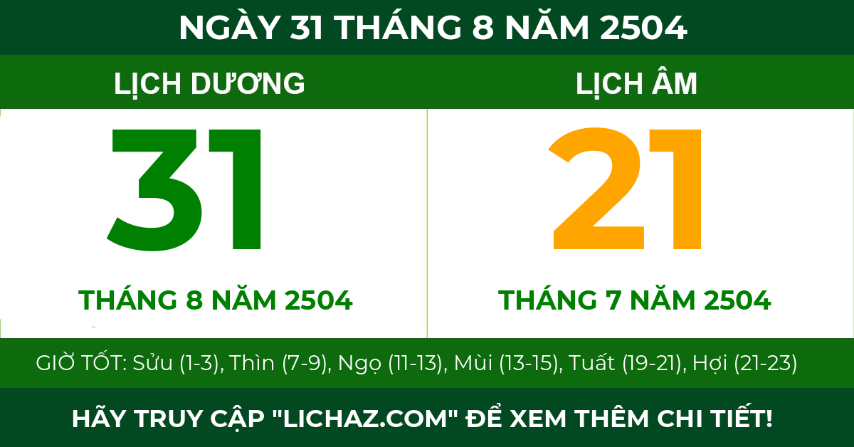 lịch âm ngày 31 tháng 8 năm 2504